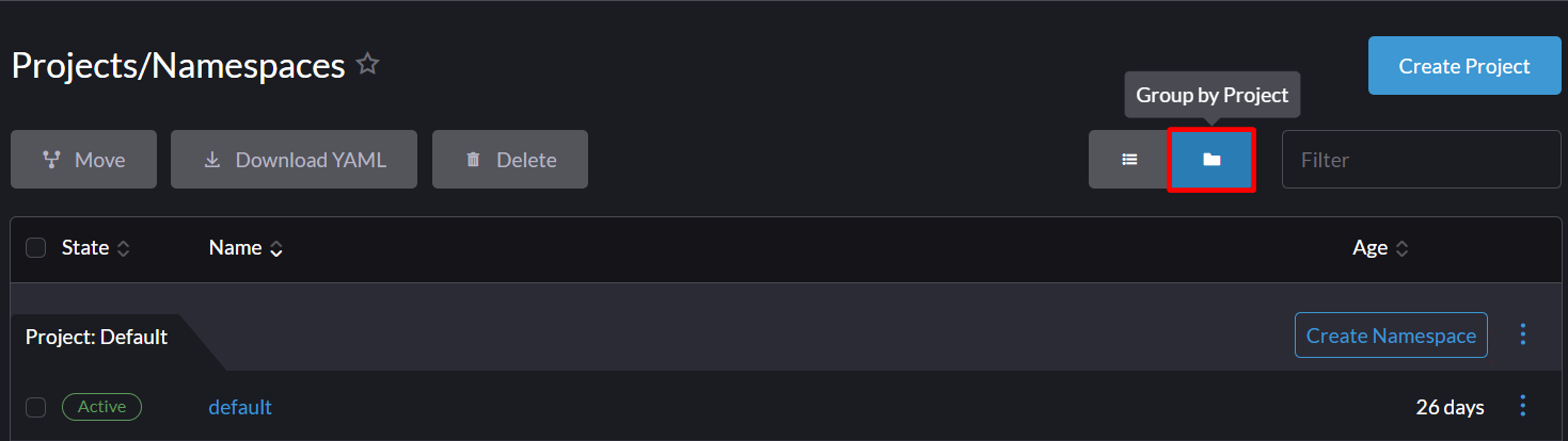 Screenshot highlighting the "Group by Project" icon, above the list of projects. It resembles a folder.